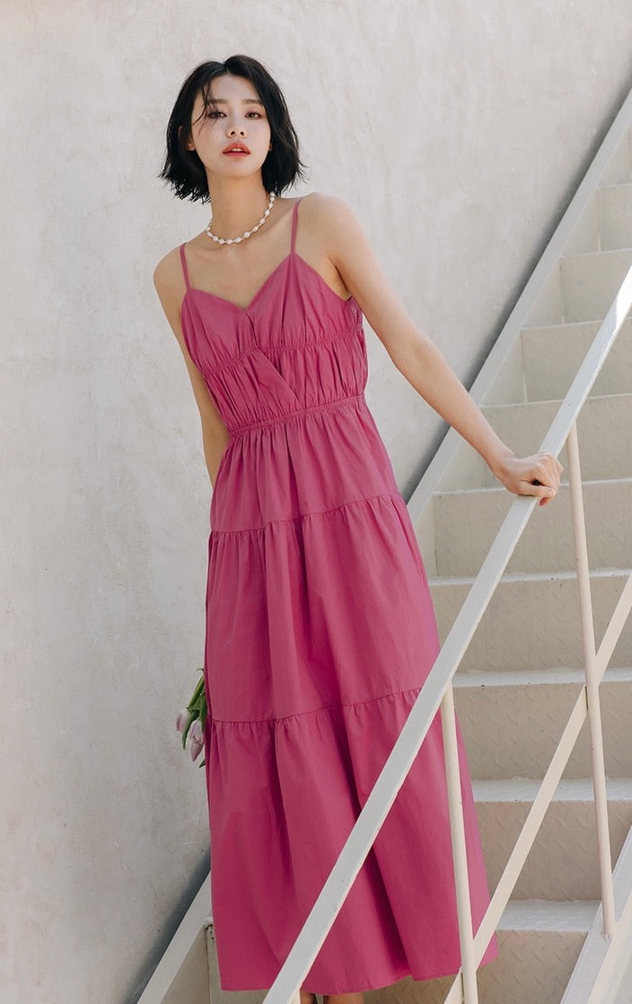 Gathered Tiered Maxi Dress in Pink