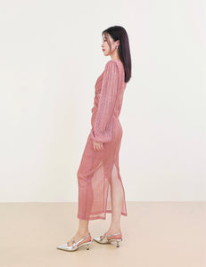 Textured Blouson Sleeve Midi Dress in Pink