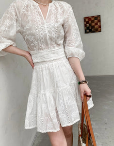 Floral Eyelet Tie Blouse in White