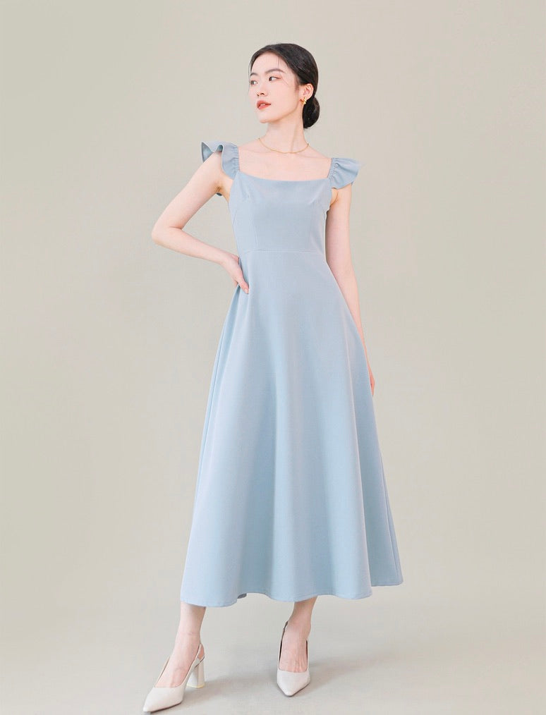 Flutter Sleeve A-Line Dress in Blue