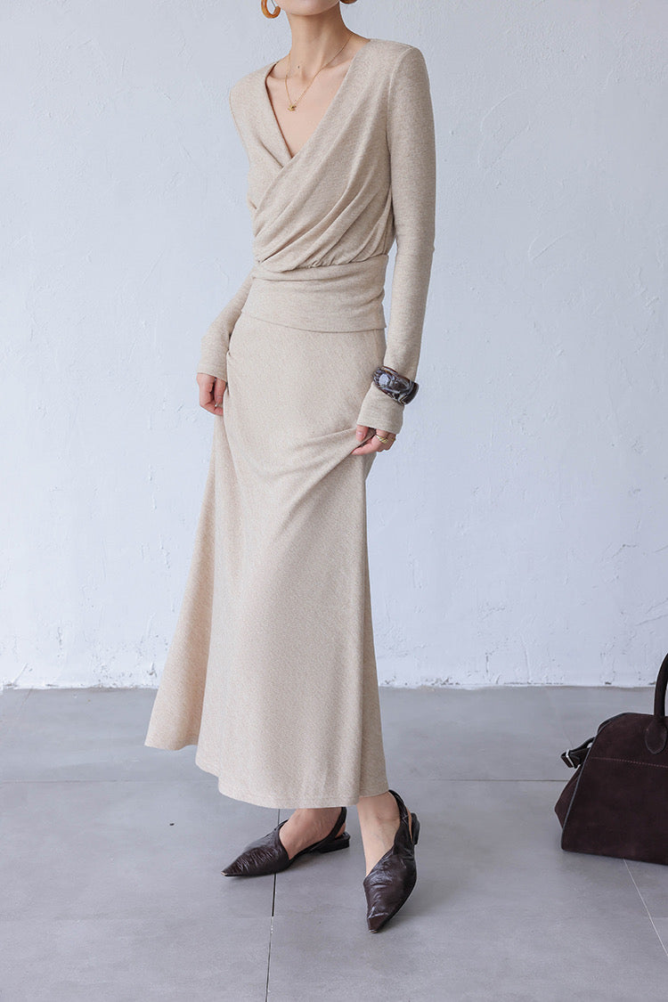 Fine Knit Top + Maxi Skirt Set in Beige