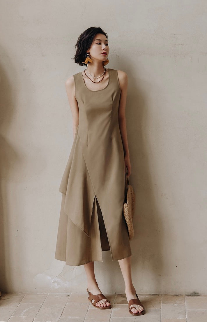 Asymmetric Layered Dress in Latte