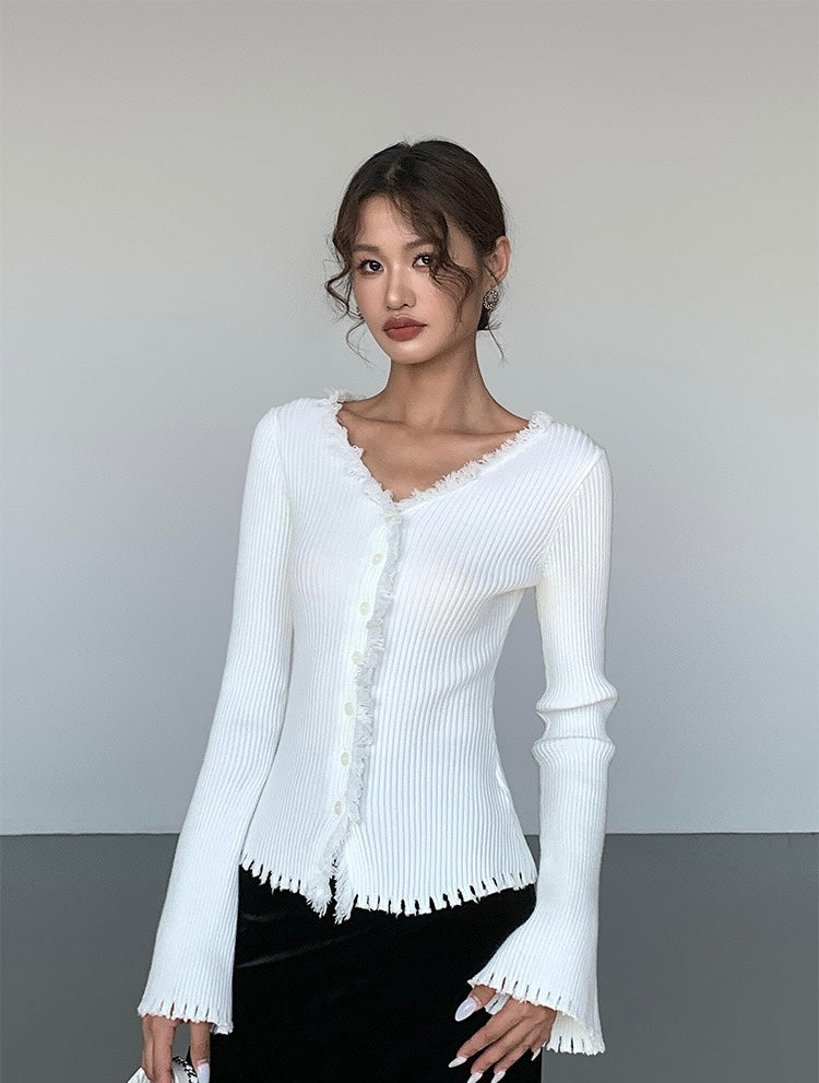 Fray Edge Trumpet Sleeve Cardigan Top [2 Colours]