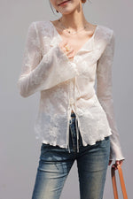 Load image into Gallery viewer, Floral Flute Sleeve Tie Top in White
