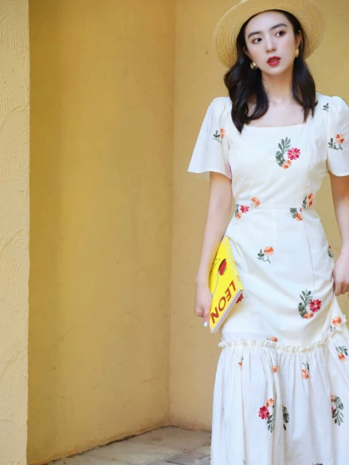 Floral Flute Hem Maxi Dress in Cream