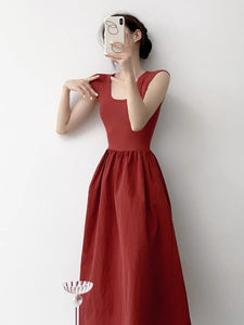 U Neck A-Line Maxi Dress in Red