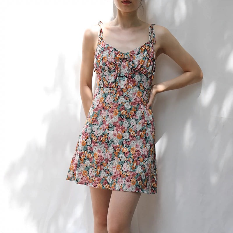 Antique Floral Cami Tie Mini Dress in Multi