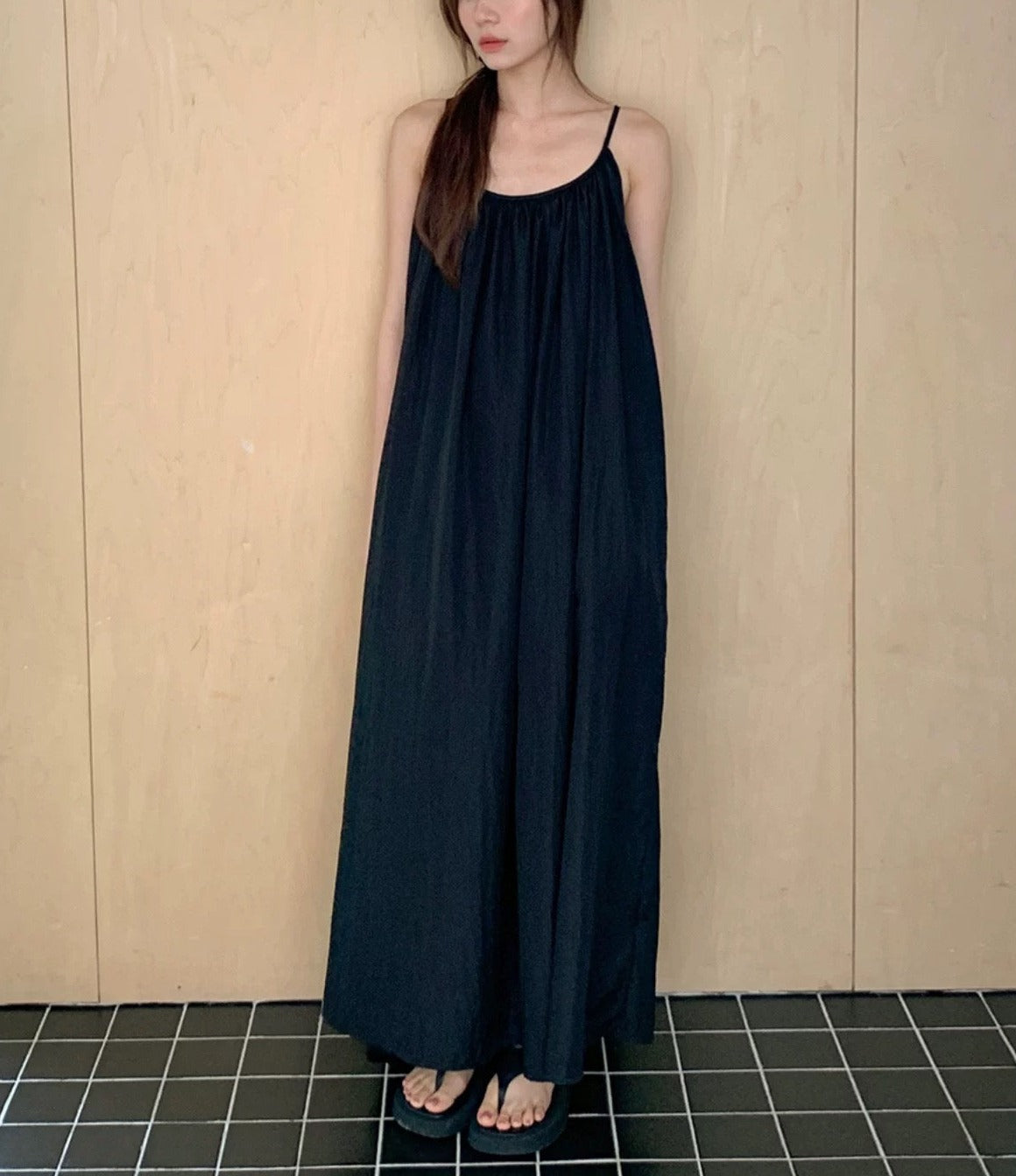 Korean Crepe Tent Maxi Dress in Black