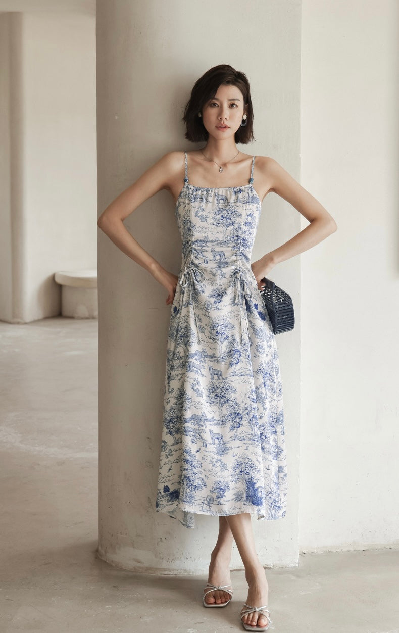 Toile Printed Cami Dress in White/Blue