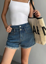 Load image into Gallery viewer, Double Button Fray Hem Denim Shorts in Blue
