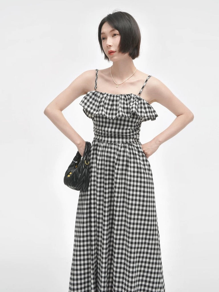 Gingham Pocket Maxi Dress in Black