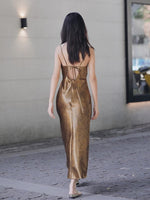 Load image into Gallery viewer, Metallic Tie Back Slip Dress in Gold
