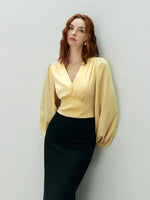 Load image into Gallery viewer, Long Blouson Sleeve Tie Blouse in Yellow
