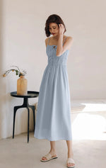 Load image into Gallery viewer, Ribbon Tie Gather Dress in Blue
