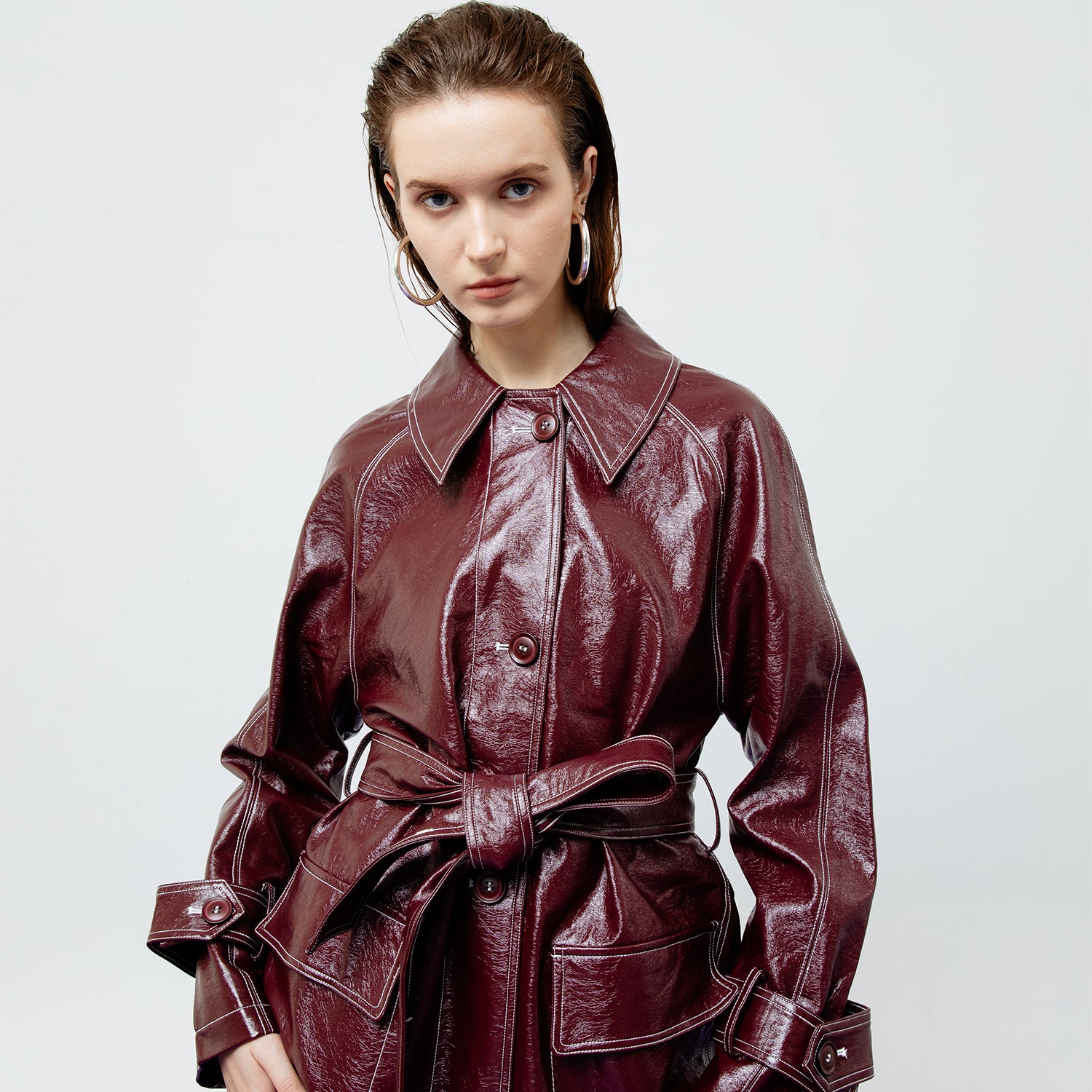 Bria Faux Leather Trench Coat in Maroon