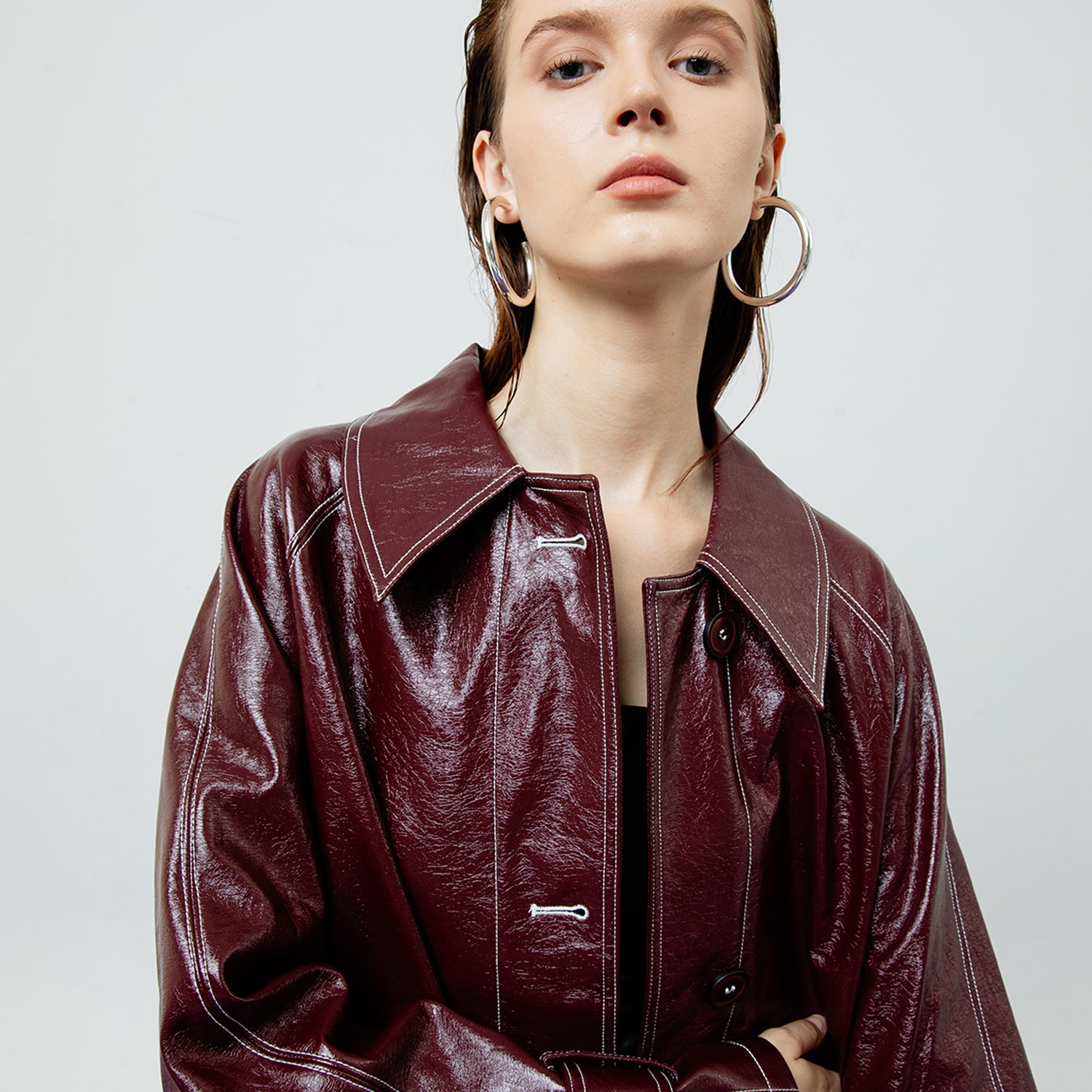 Bria Faux Leather Trench Coat in Maroon