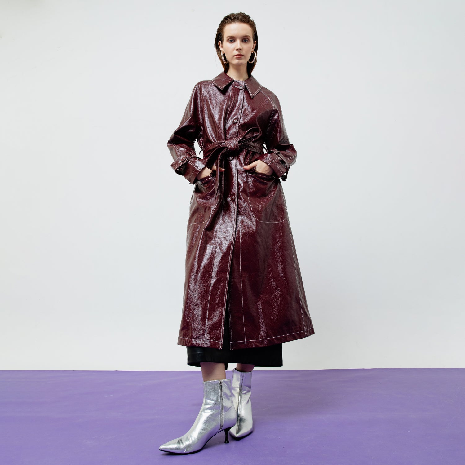 Bria Faux Leather Trench Coat in Maroon