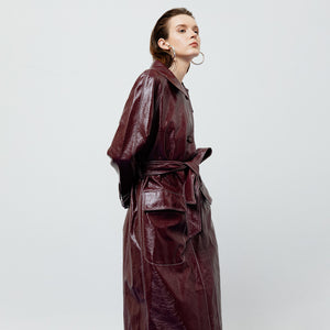 Bria Faux Leather Trench Coat in Maroon