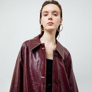 Bria Faux Leather Trench Coat in Maroon