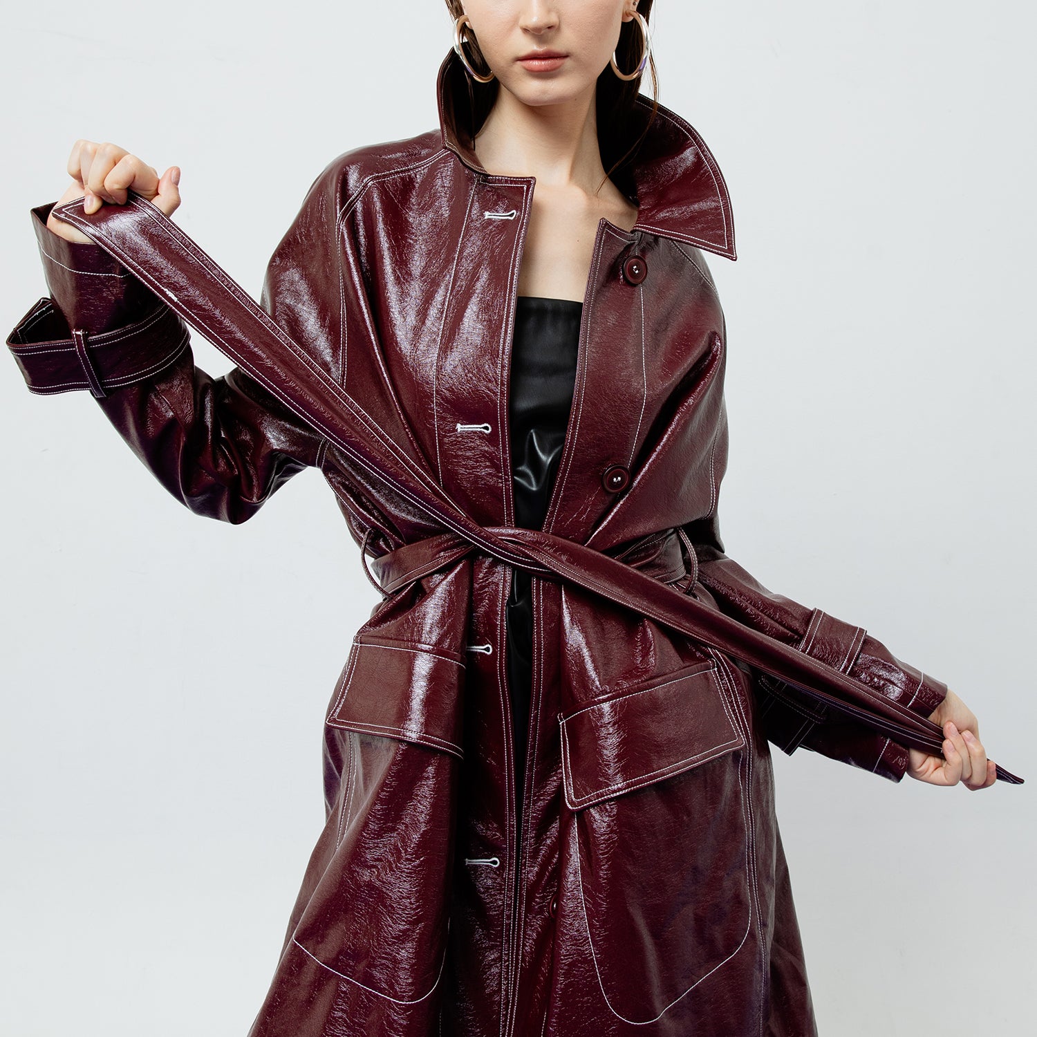 Bria Faux Leather Trench Coat in Maroon