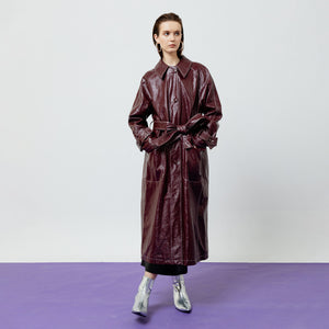 Bria Faux Leather Trench Coat in Maroon