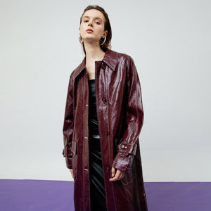 Bria Faux Leather Trench Coat in Maroon