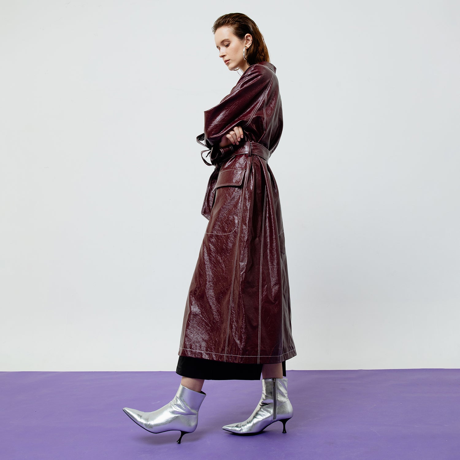 Bria Faux Leather Trench Coat in Maroon