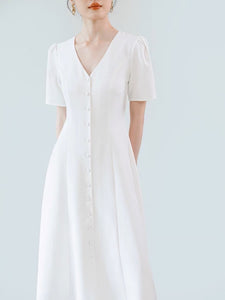 Button A-Line Midi Dress in White