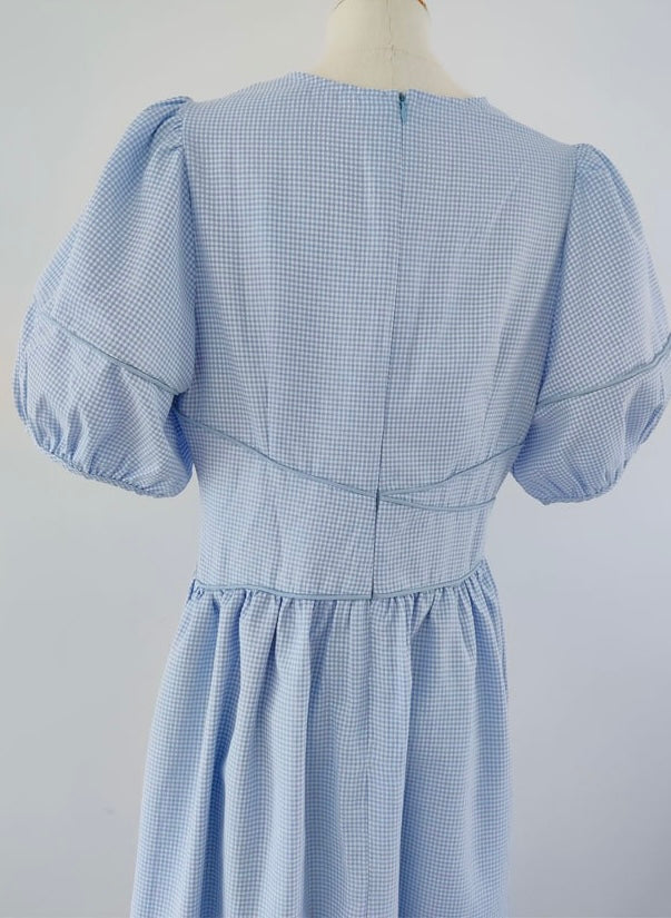 Checked Puff Sleeve Midi Dress in Blue