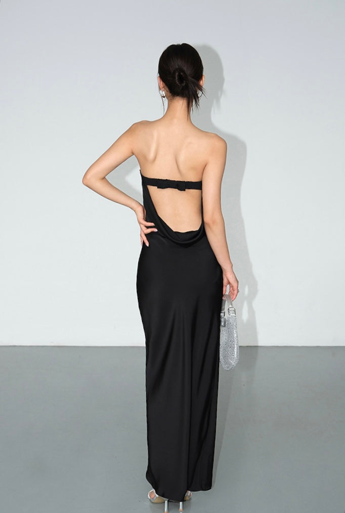 Silk Blend Drop Back Bow Drape Dress in Black