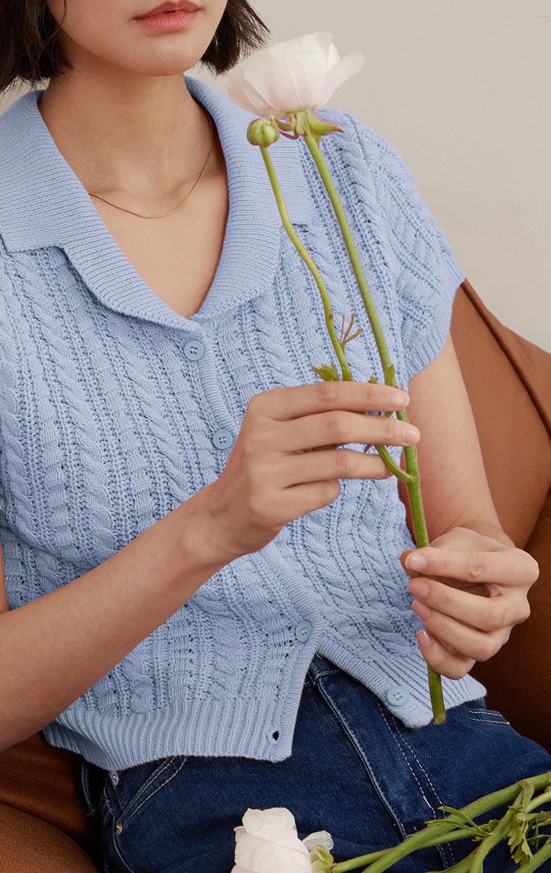 Knitted Polo Blouse in Blue
