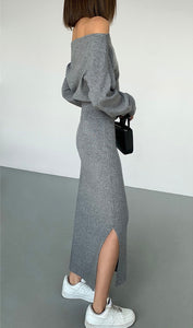 Knitted Slit Skirt in Grey