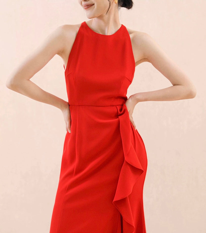 Ruffle Slit Maxi Dress in Red