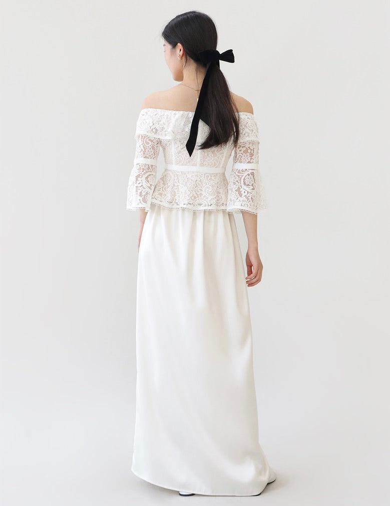 Off Shoulder Lace Flute Top in White