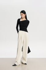 Load image into Gallery viewer, Asymmetric Neckline Tulle Shirring Top in Black
