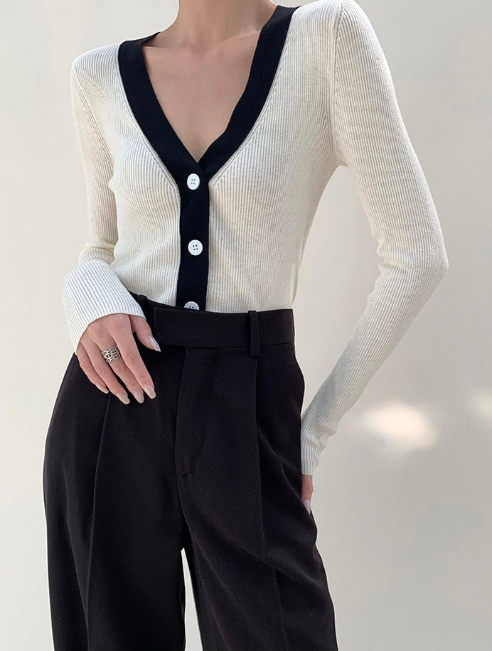 Contrast Edge Ribbed Cardigan in White