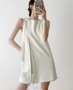 Load image into Gallery viewer, Long Bow Pleat Shift Dress in Cream
