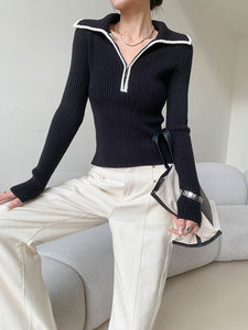 Contrast Collar Half Zip Ribbed Sweater Top in Black