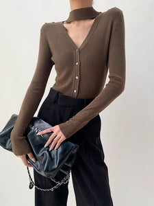 High Neck Cutout Button Top in Brown