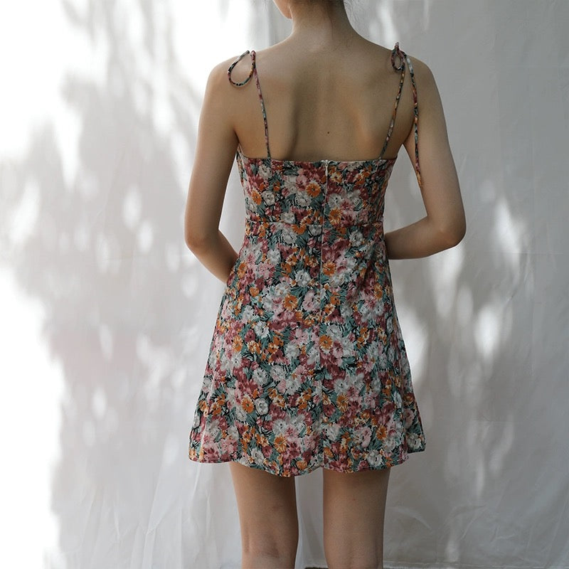 Antique Floral Cami Tie Mini Dress in Multi