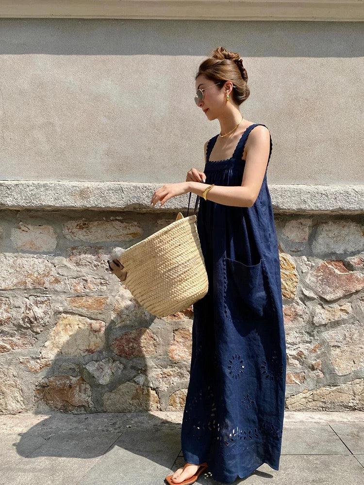 Laser Cut Pocket Maxi Dress in Navy