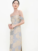 Load image into Gallery viewer, Off Shoulder Floral Gown in Blue/Gold
