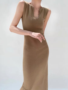 U Neck Knit Midi Sleeveless Dress in Latte