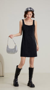 Tweed Button Shift Dress in Black