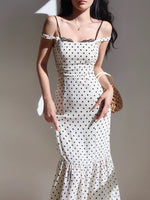 Load image into Gallery viewer, Polka Drop Shoulder Flute Hem Dress in White
