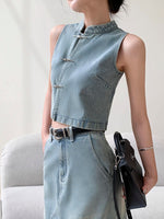 Load image into Gallery viewer, Denim Cheongsam Top + Maxi Skirt Set in Blue
