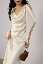 Load image into Gallery viewer, Satin Asymmetric Drape Top // Maxi Slip Skirt Set in Cream
