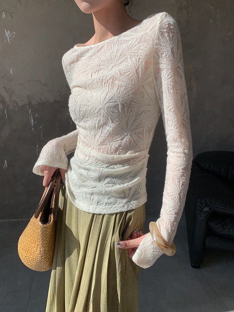 Floral Wool Blend Flute Sleeve Top in White