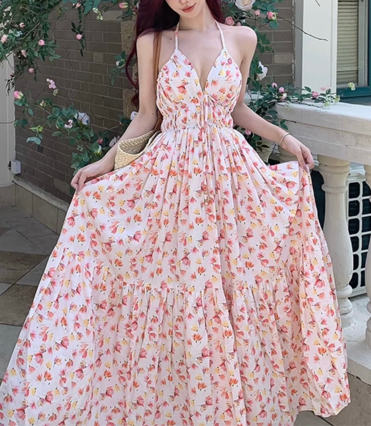 Floral Open Tie Back Dress in Multi'