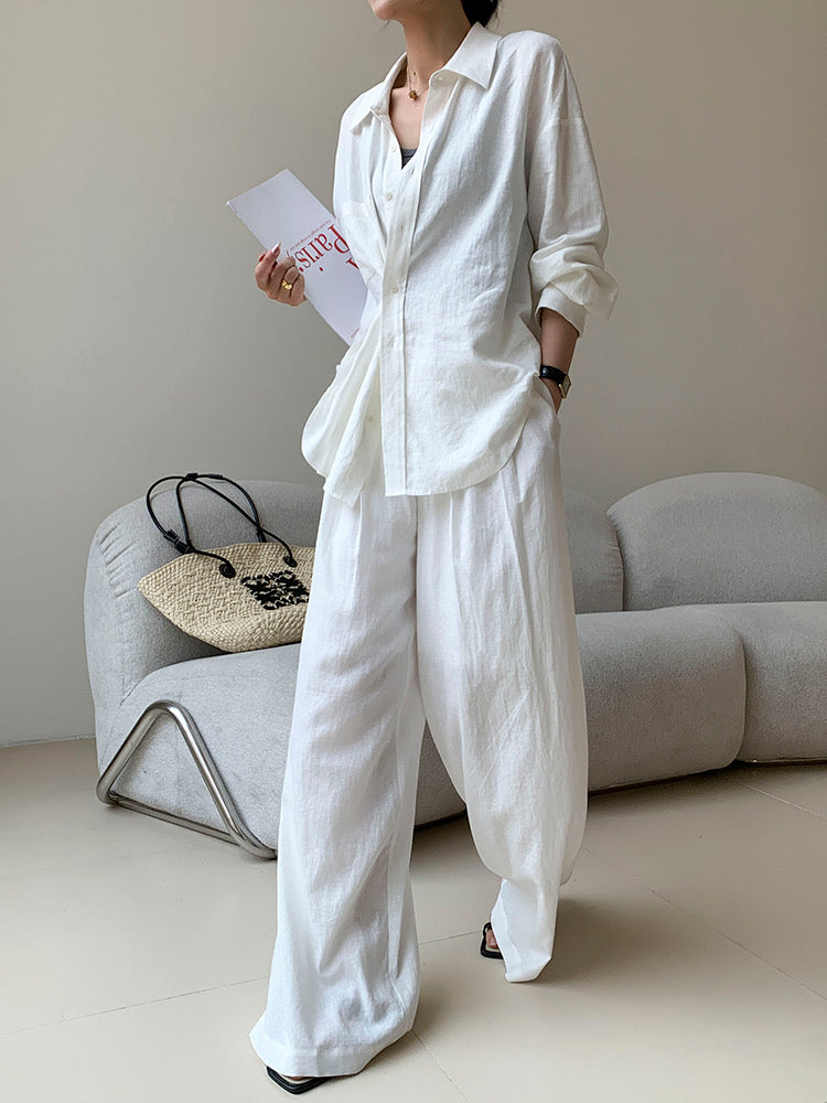 Cotton Linen Shirt + Pants Set in White